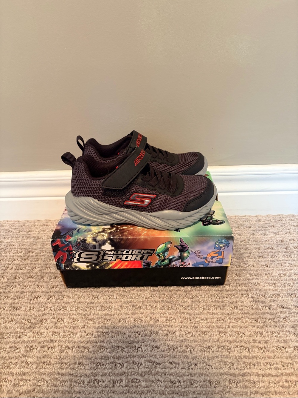 Skechers Kids Gray and Black Mesh Slip-On Sneakers with Red Accents